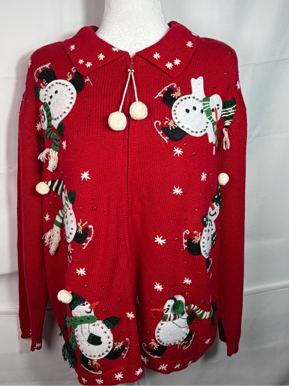 Vintage Tiara International Red Snowman Zip Up Sweater Cardigan Jacket Sz 18/20